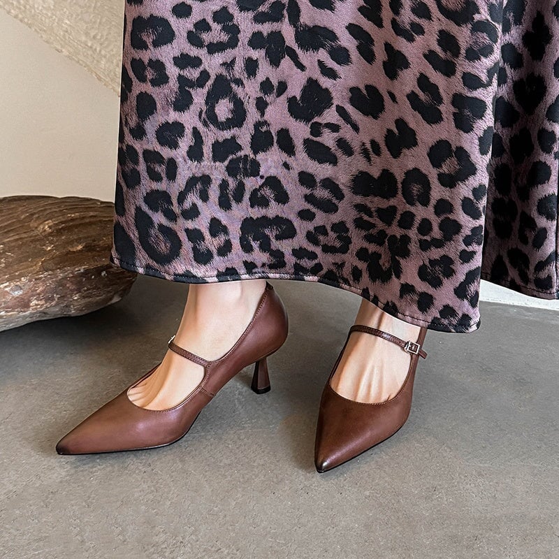 Elegant Mary Jane Pumps Pointed Toe 65mm Stiletto Leather Heels for Evening Dresses in Black/Brown/Apricot
