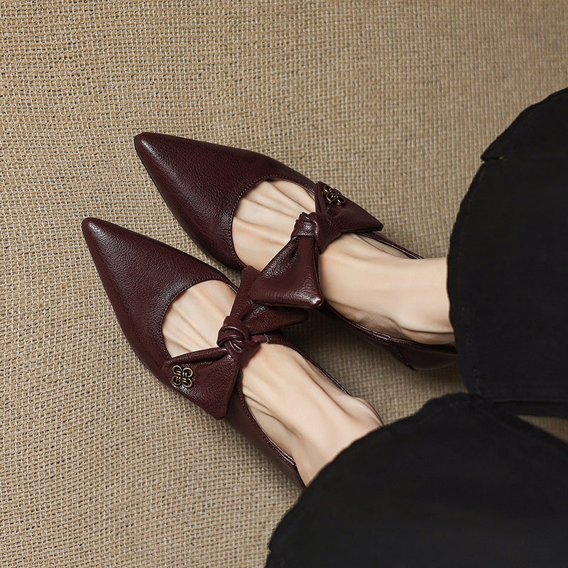 Elegant Pointed Toe 50mm Kitten Heel Mary Jane Pumps with Bow Detail in Black/Wine Red