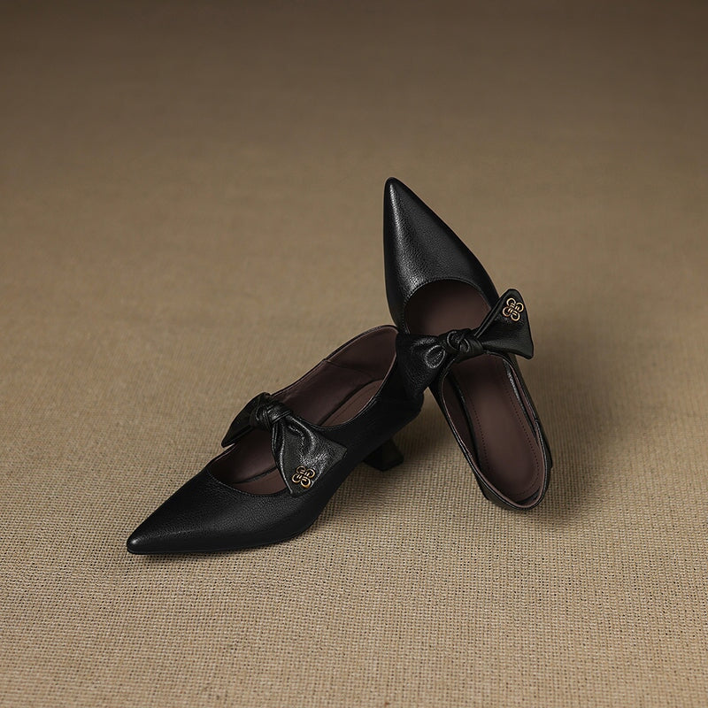 Elegant Pointed Toe 50mm Kitten Heel Mary Jane Pumps with Bow Detail in Black/Wine Red