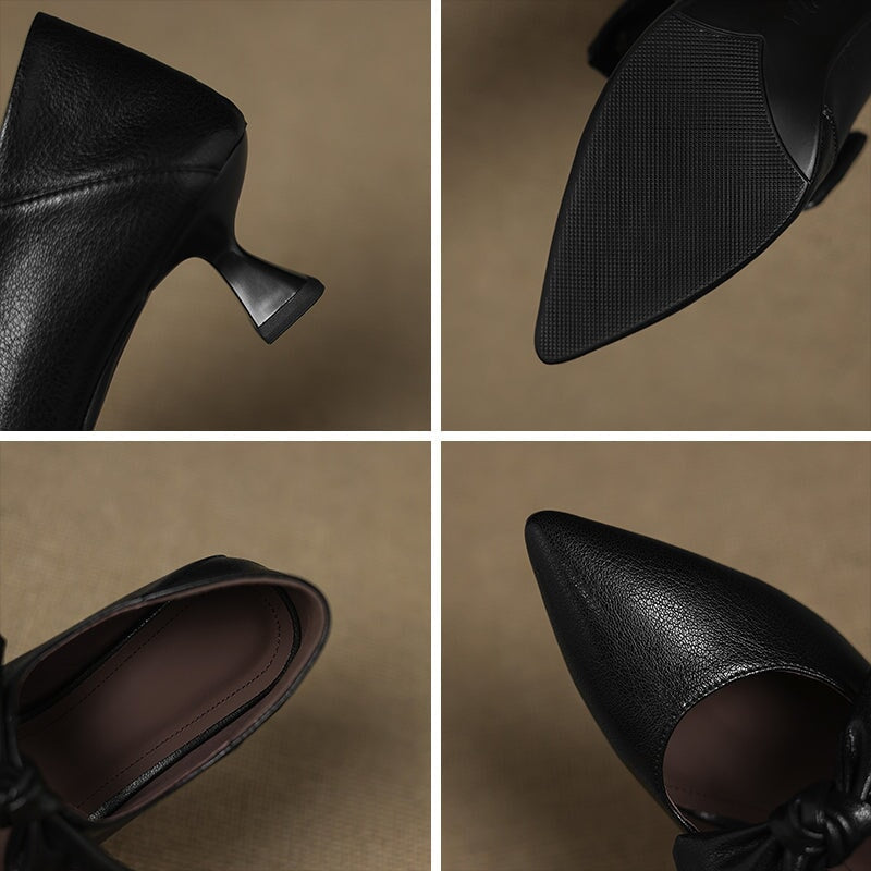 Elegant Pointed Toe 50mm Kitten Heel Mary Jane Pumps with Bow Detail in Black/Wine Red