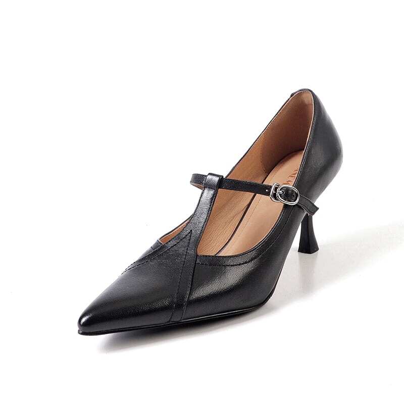 Elegant Pointed Toe T-Strap Kitten Heel Pumps 70mm Sheepskin Dress Shoes in Black/Brown