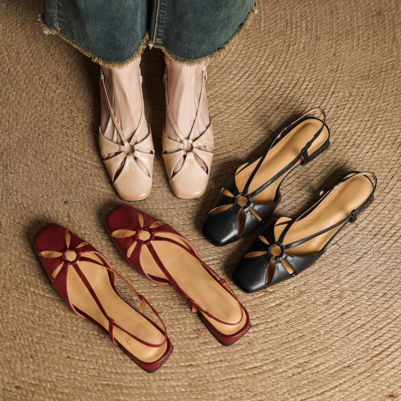 Elegant Square Toe Leather Summer Slingback Sandals in Beige Apricot/Wine Red/Black