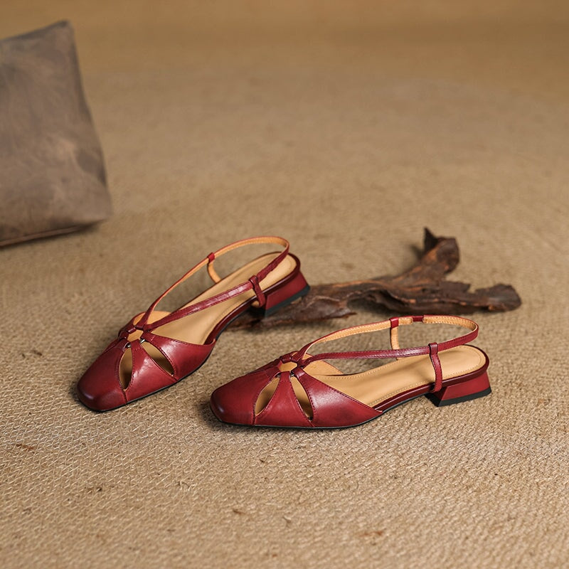 Elegant Square Toe Leather Summer Slingback Sandals in Beige Apricot/Wine Red/Black
