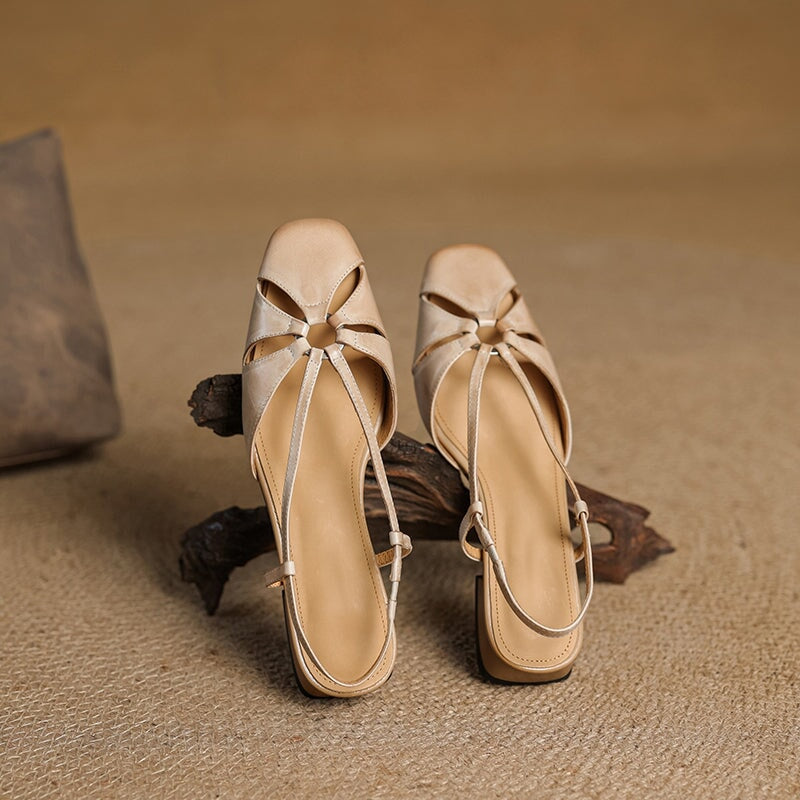 Elegant Square Toe Leather Summer Slingback Sandals in Beige Apricot/Wine Red/Black