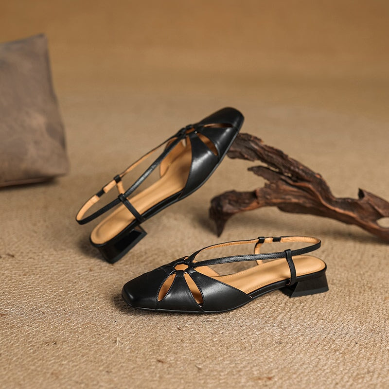 Elegant Square Toe Leather Summer Slingback Sandals in Beige Apricot/Wine Red/Black