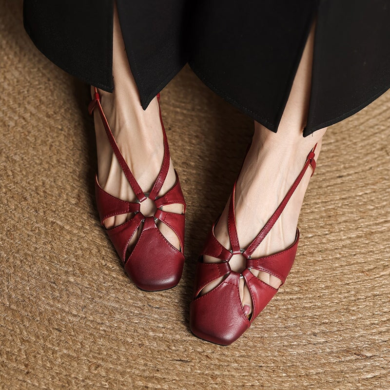 Elegant Square Toe Leather Summer Slingback Sandals in Beige Apricot/Wine Red/Black