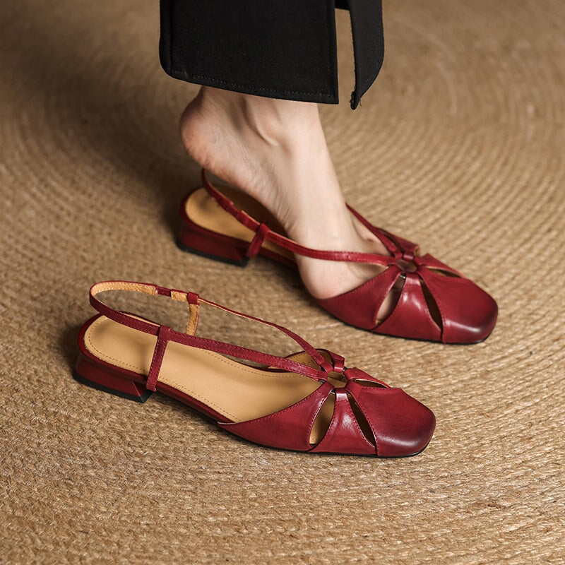 Elegant Square Toe Leather Summer Slingback Sandals in Beige Apricot/Wine Red/Black