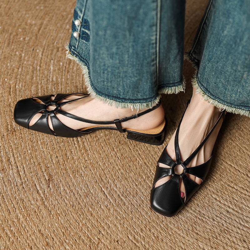 Elegant Square Toe Leather Summer Slingback Sandals in Beige Apricot/Wine Red/Black