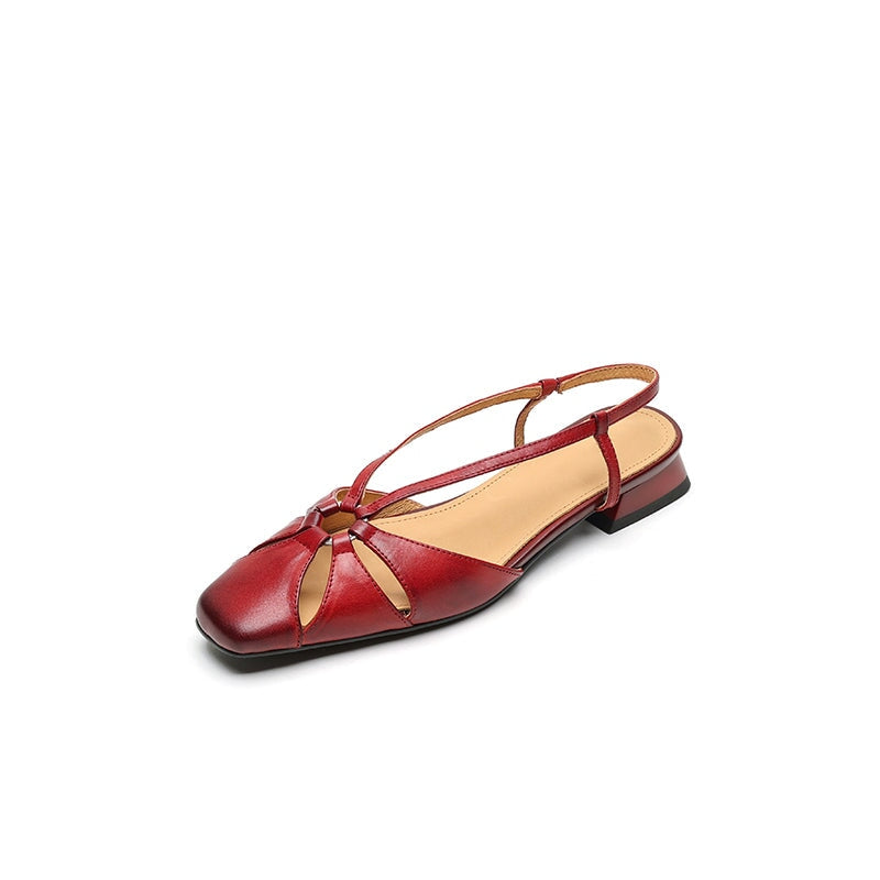 Elegant Square Toe Leather Summer Slingback Sandals in Beige Apricot/Wine Red/Black