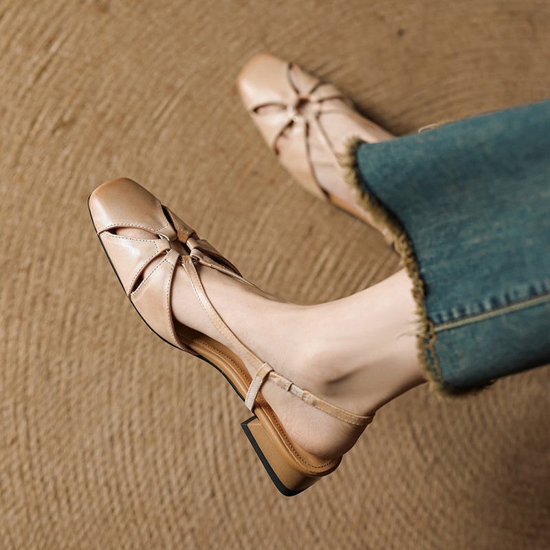 Elegant Square Toe Leather Summer Slingback Sandals in Beige Apricot/Wine Red/Black