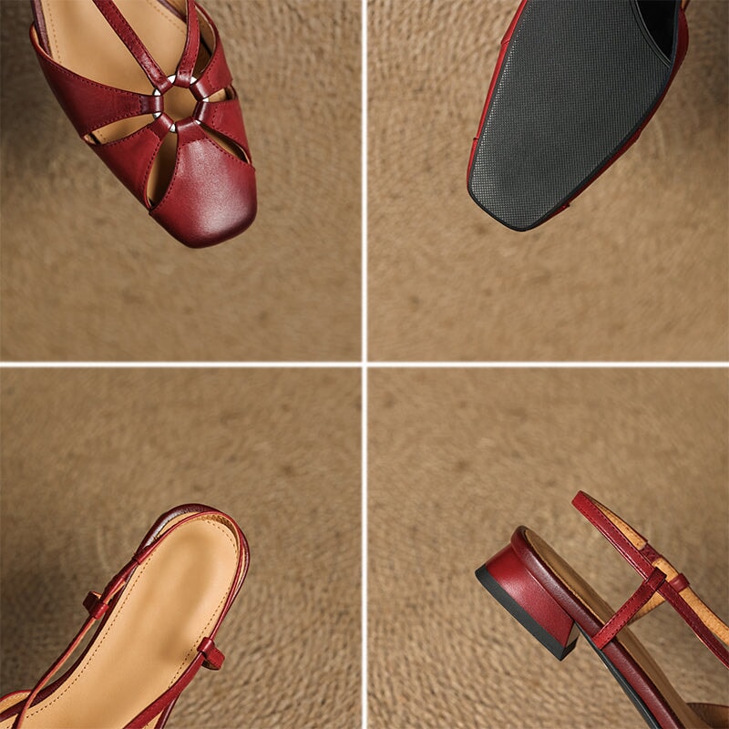 Elegant Square Toe Leather Summer Slingback Sandals in Beige Apricot/Wine Red/Black