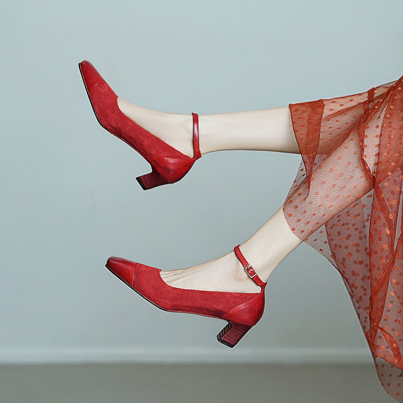 Elegant Washed Horse Leather 45mm Block Heel Suede Mary Jane Shoes in Black/Red