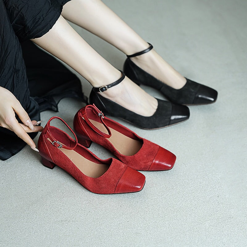 Elegant Washed Horse Leather 45mm Block Heel Suede Mary Jane Shoes in Black/Red