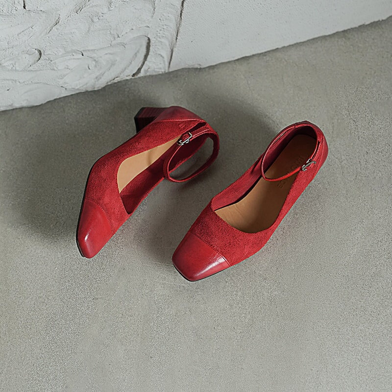 Elegant Washed Horse Leather 45mm Block Heel Suede Mary Jane Shoes in Black/Red