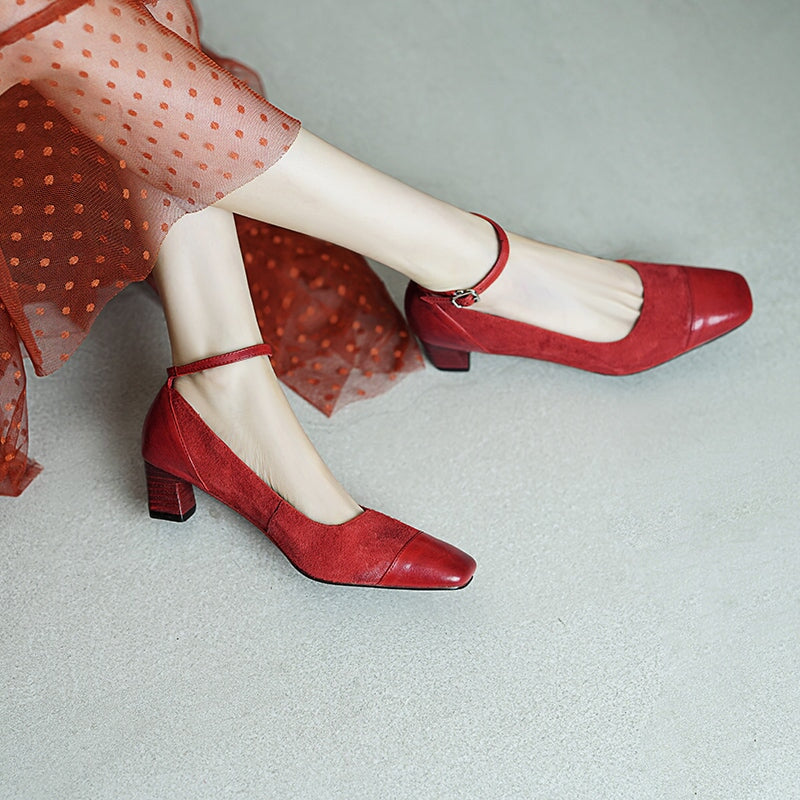 Elegant Washed Horse Leather 45mm Block Heel Suede Mary Jane Shoes in Black/Red