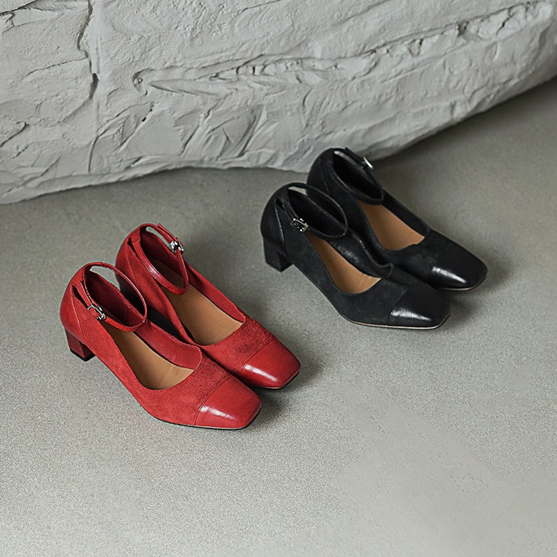 Elegant Washed Horse Leather 45mm Block Heel Suede Mary Jane Shoes in Black/Red