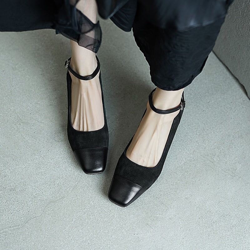 Elegant Washed Horse Leather 45mm Block Heel Suede Mary Jane Shoes in Black/Red