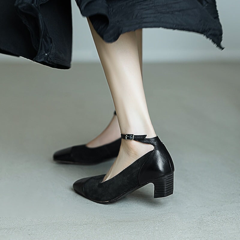 Elegant Washed Horse Leather 45mm Block Heel Suede Mary Jane Shoes in Black/Red