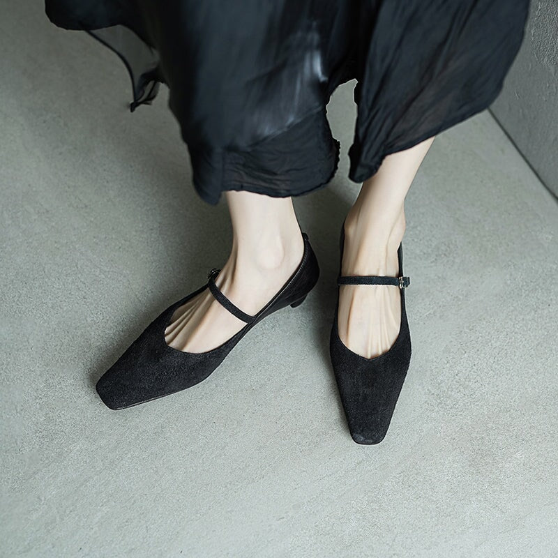 Elegant Washed Horse Leather Nubuck Mary Jane Shoes Buckle Strap Causal Pumps in Red/Black/Caramel