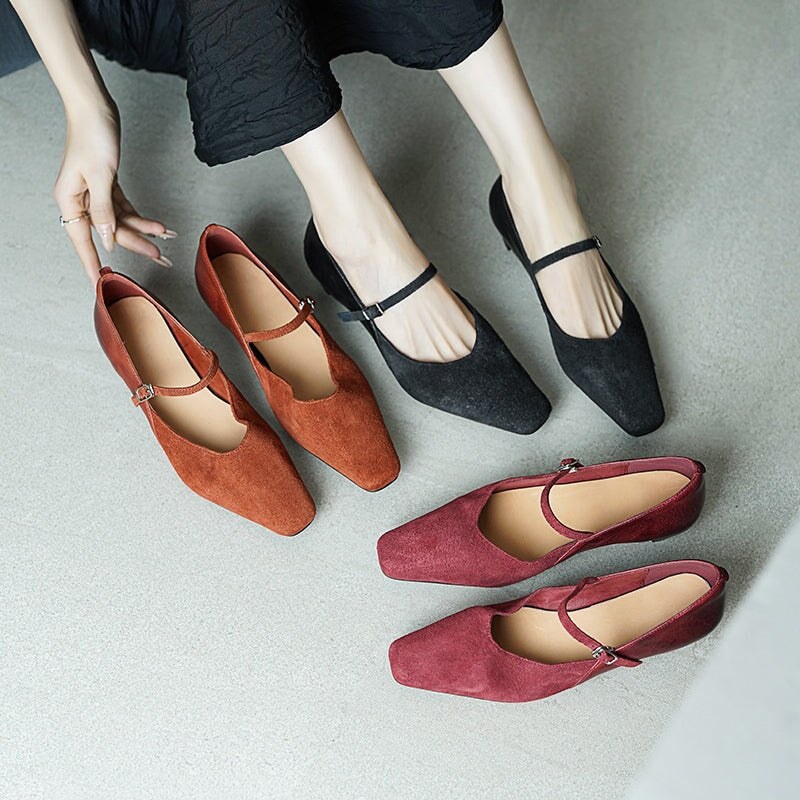 Elegant Washed Horse Leather Nubuck Mary Jane Shoes Buckle Strap Causal Pumps in Red/Black/Caramel