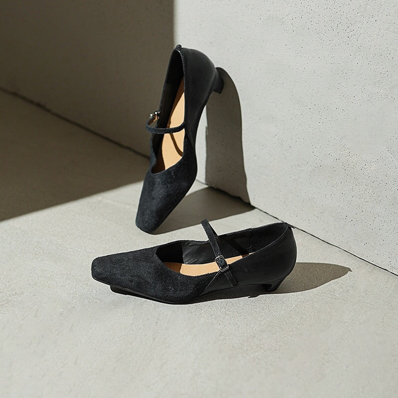 Elegant Washed Horse Leather Nubuck Mary Jane Shoes Buckle Strap Causal Pumps in Red/Black/Caramel
