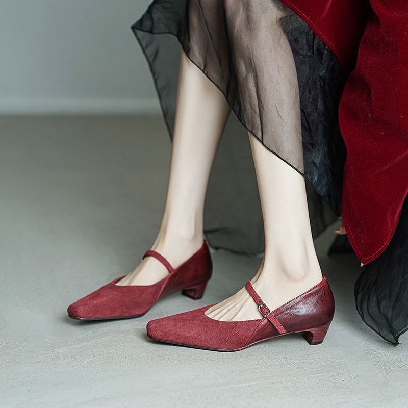 Elegant Washed Horse Leather Nubuck Mary Jane Shoes Buckle Strap Causal Pumps in Red/Black/Caramel