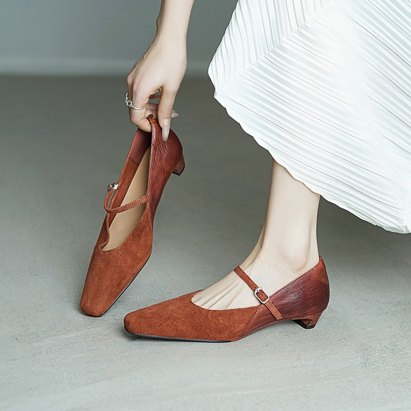 Elegant Washed Horse Leather Nubuck Mary Jane Shoes Buckle Strap Causal Pumps in Red/Black/Caramel