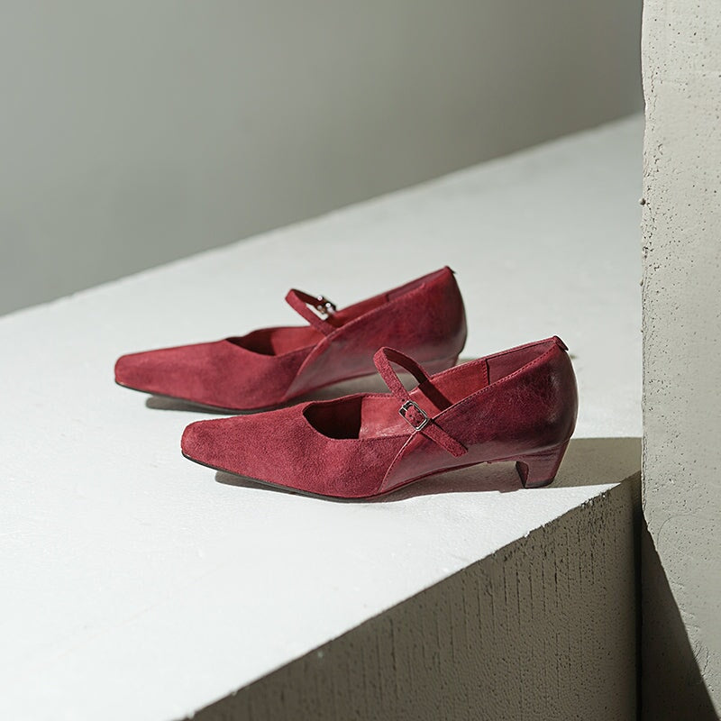 Elegant Washed Horse Leather Nubuck Mary Jane Shoes Buckle Strap Causal Pumps in Red/Black/Caramel