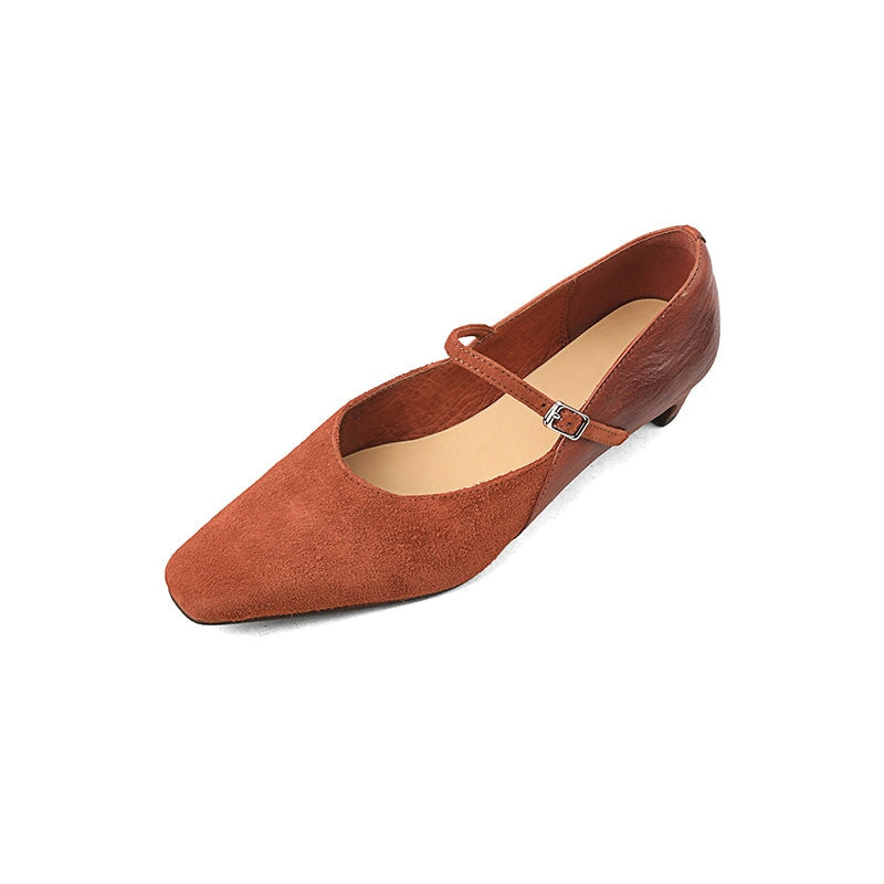 Elegant Washed Horse Leather Nubuck Mary Jane Shoes Buckle Strap Causal Pumps in Red/Black/Caramel