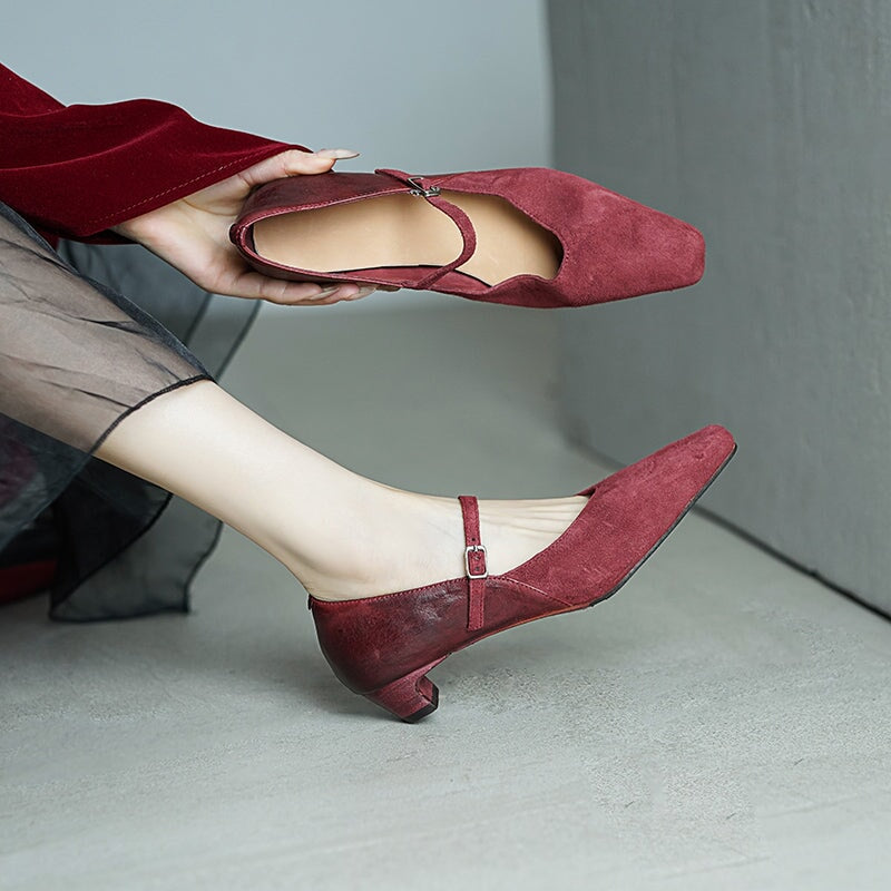 Elegant Washed Horse Leather Nubuck Mary Jane Shoes Buckle Strap Causal Pumps in Red/Black/Caramel