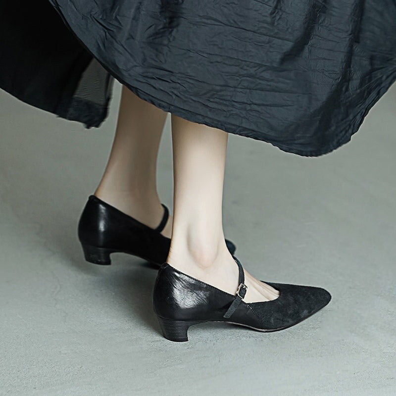 Elegant Washed Horse Leather Nubuck Mary Jane Shoes Buckle Strap Causal Pumps in Red/Black/Caramel