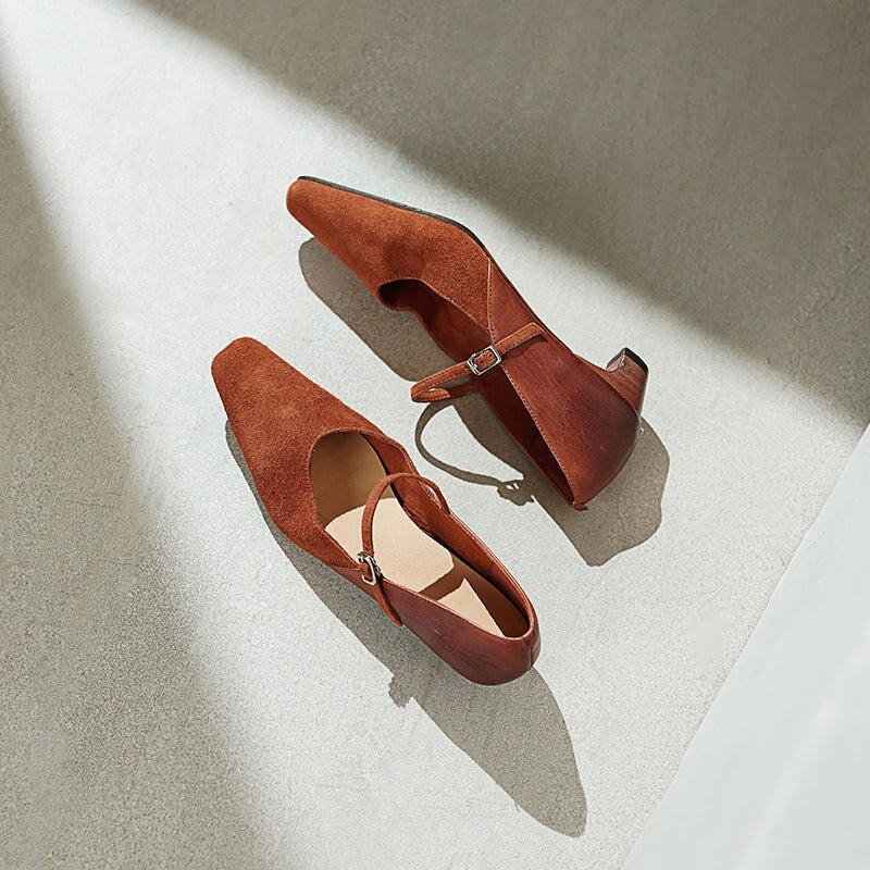 Elegant Washed Horse Leather Nubuck Mary Jane Shoes Buckle Strap Causal Pumps in Red/Black/Caramel
