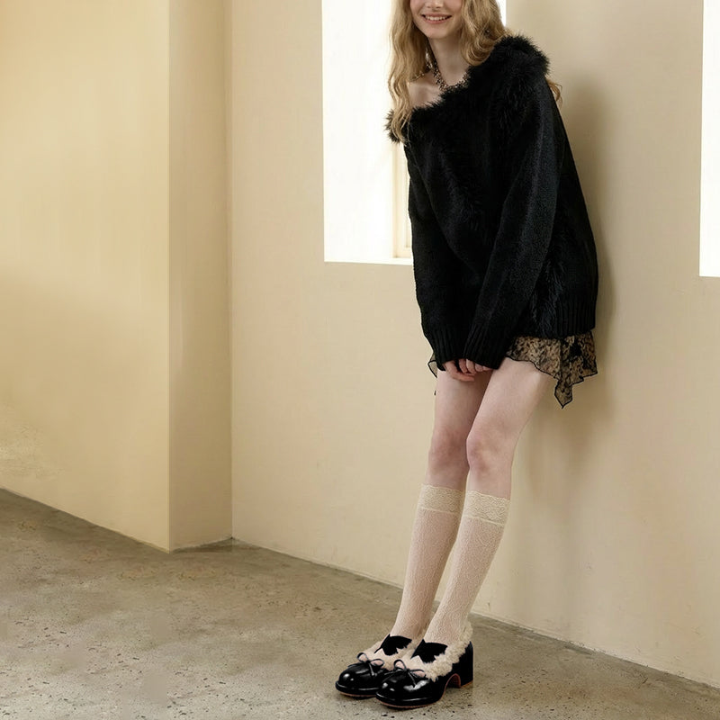 Elegant Winter Ballet Pumps with Bow Cow Leather Shaggy Lined Shoes in Black/Brown/Wine Red