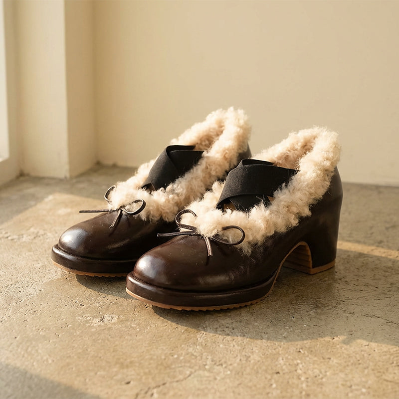 Elegant Winter Ballet Pumps with Bow Cow Leather Shaggy Lined Shoes in Black/Brown/Wine Red