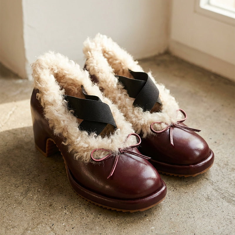 Elegant Winter Ballet Pumps with Bow Cow Leather Shaggy Lined Shoes in Black/Brown/Wine Red