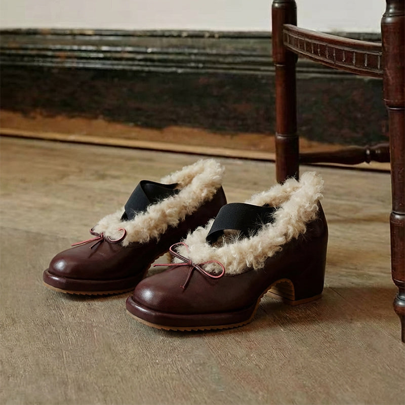 Elegant Winter Ballet Pumps with Bow Cow Leather Shaggy Lined Shoes in Black/Brown/Wine Red