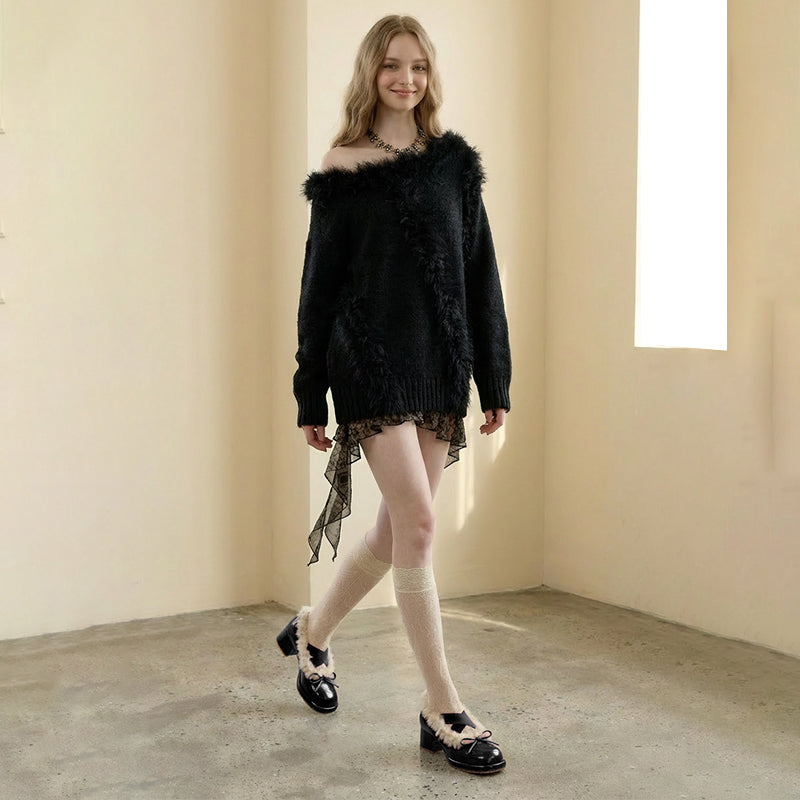Elegant Winter Ballet Pumps with Bow Cow Leather Shaggy Lined Shoes in Black/Brown/Wine Red