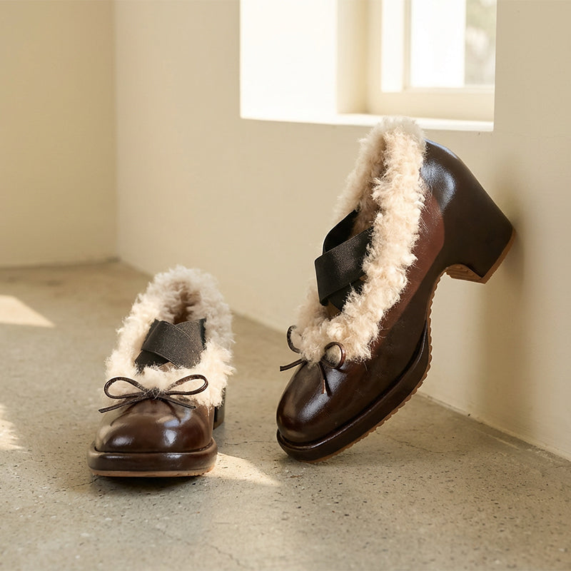 Elegant Winter Ballet Pumps with Bow Cow Leather Shaggy Lined Shoes in Black/Brown/Wine Red