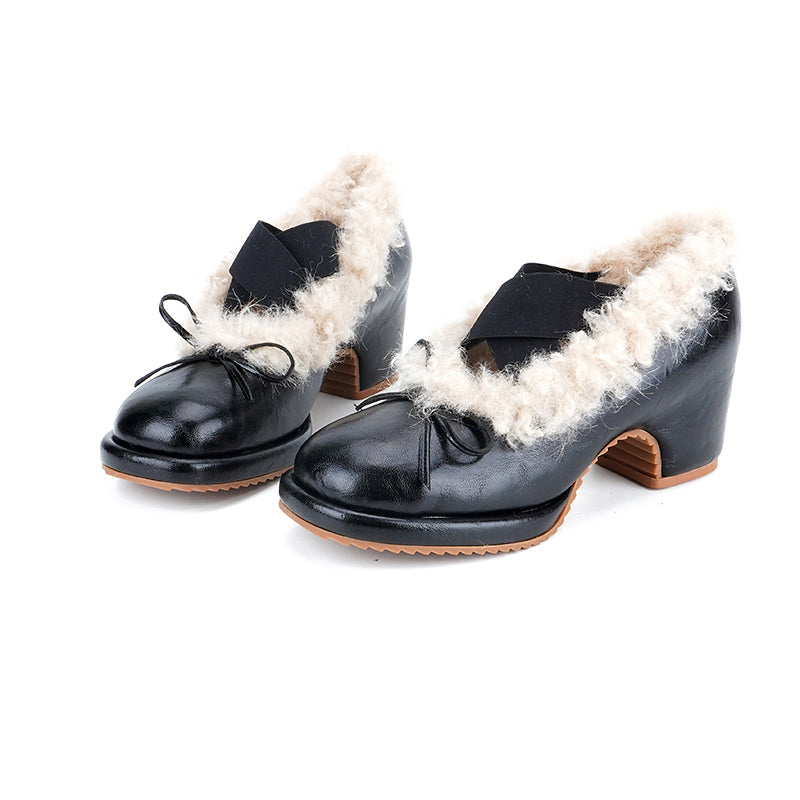 Elegant Winter Ballet Pumps with Bow Cow Leather Shaggy Lined Shoes in Black/Brown/Wine Red