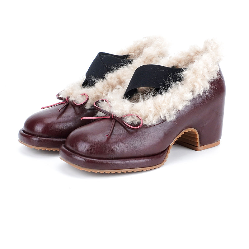 Elegant Winter Ballet Pumps with Bow Cow Leather Shaggy Lined Shoes in Black/Brown/Wine Red