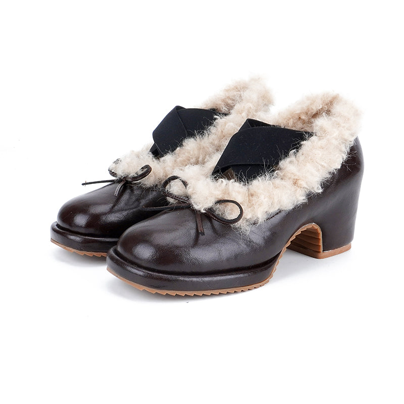 Elegant Winter Ballet Pumps with Bow Cow Leather Shaggy Lined Shoes in Black/Brown/Wine Red