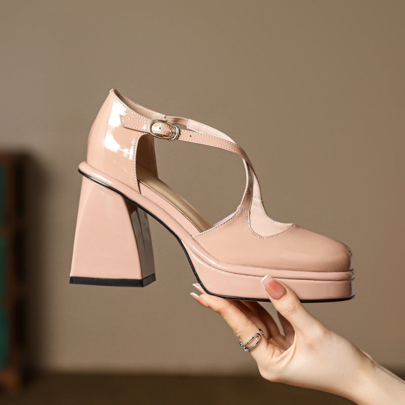 Fashion 100mm High Heel Cross Strap Handmade Leather Pumps in Black/Beige/Pink