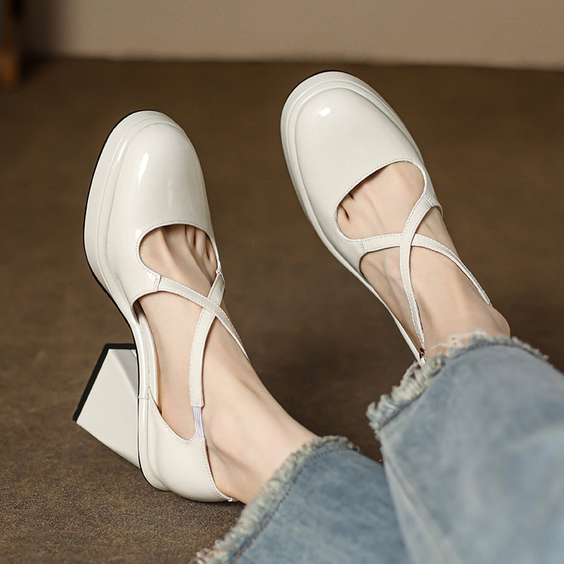 Fashion 100mm High Heel Cross Strap Handmade Leather Pumps in Black/Beige/Pink