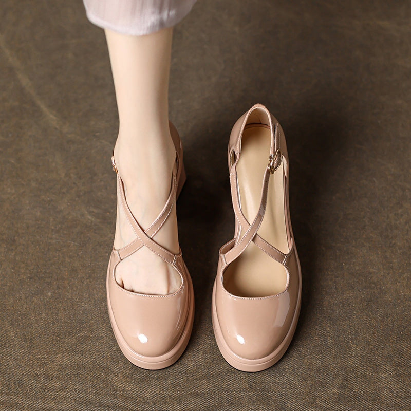 Fashion 100mm High Heel Cross Strap Handmade Leather Pumps in Black/Beige/Pink