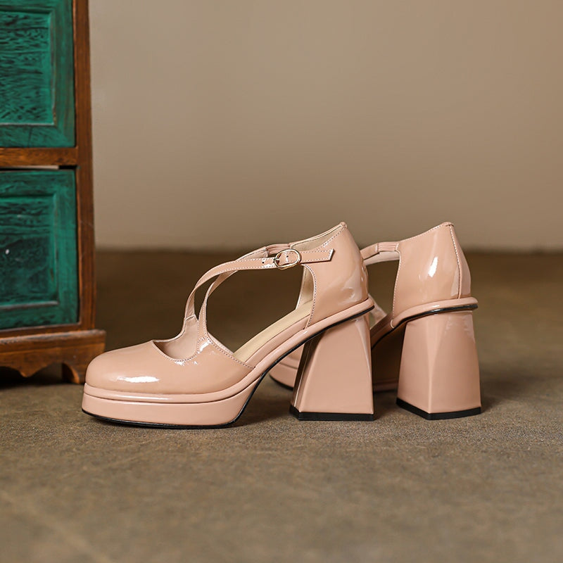 Fashion 100mm High Heel Cross Strap Handmade Leather Pumps in Black/Beige/Pink