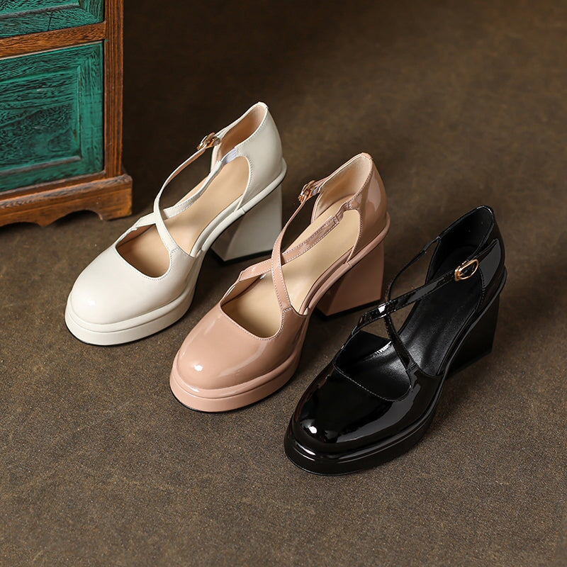 Fashion 100mm High Heel Cross Strap Handmade Leather Pumps in Black/Beige/Pink