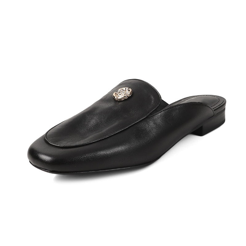 Fashion Backless Loafers Leather Flat Mules with Metal Camellia in Green/Pink/Black