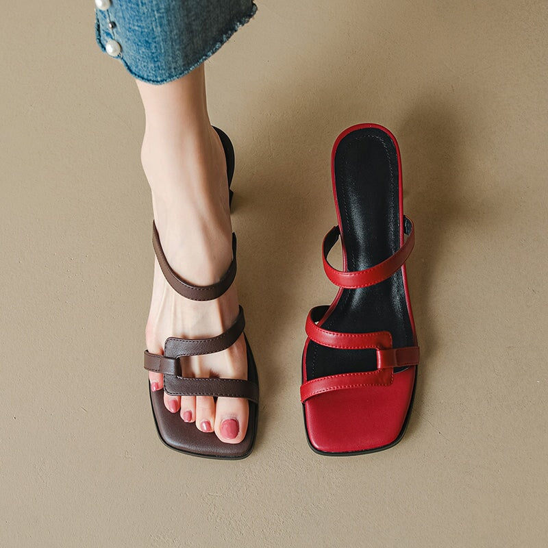 Fashion Cow Leather Kitten Heel Sandals Elegant 45mm Summer Slide Heels in Red/Brown
