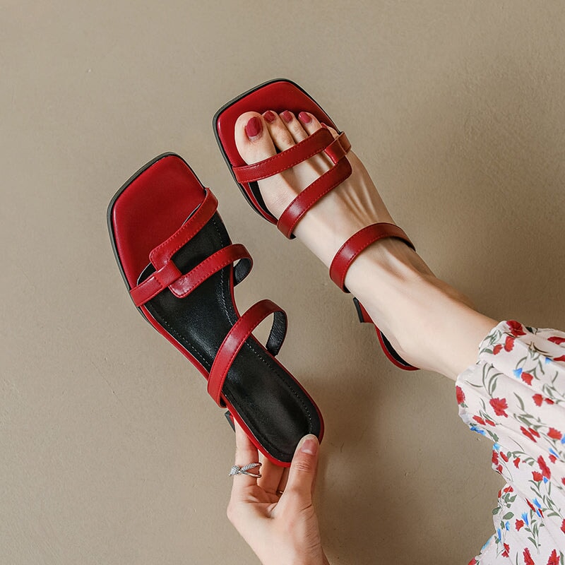 Fashion Cow Leather Kitten Heel Sandals Elegant 45mm Summer Slide Heels in Red/Brown