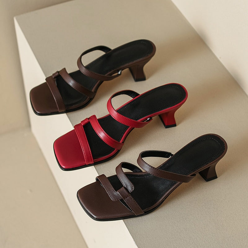 Fashion Cow Leather Kitten Heel Sandals Elegant 45mm Summer Slide Heels in Red/Brown